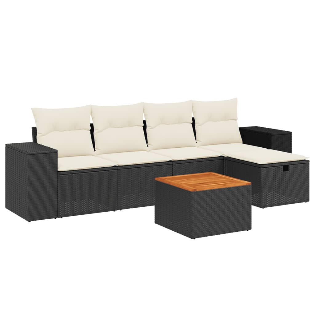 6-tlg. Garten-Sofagarnitur mit Kissen Schwarz Poly Rattan