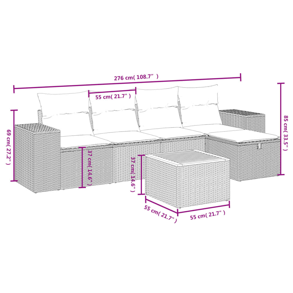 6-tlg. Garten-Sofagarnitur mit Kissen Beige Poly Rattan