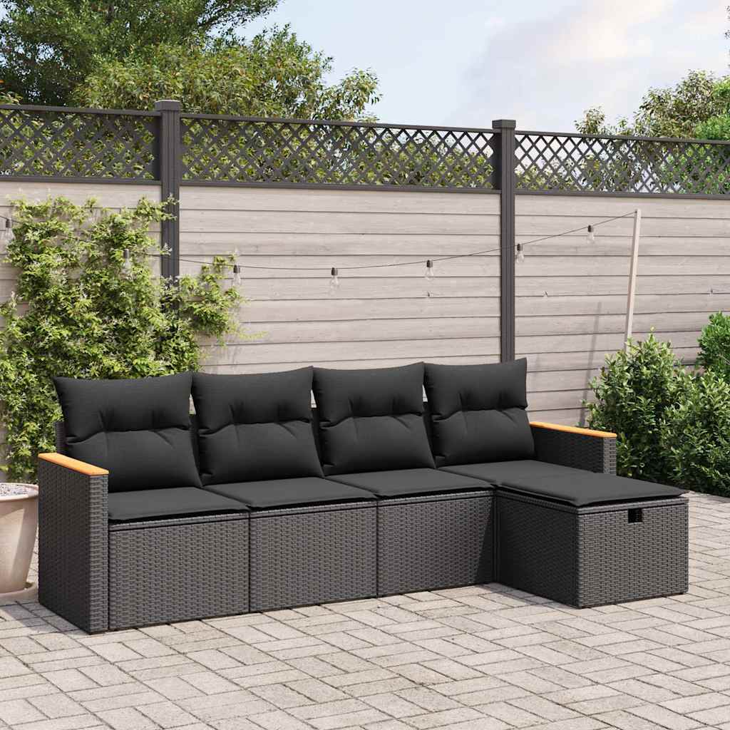 5-tlg. Garten-Sofagarnitur mit Kissen Schwarz Poly Rattan
