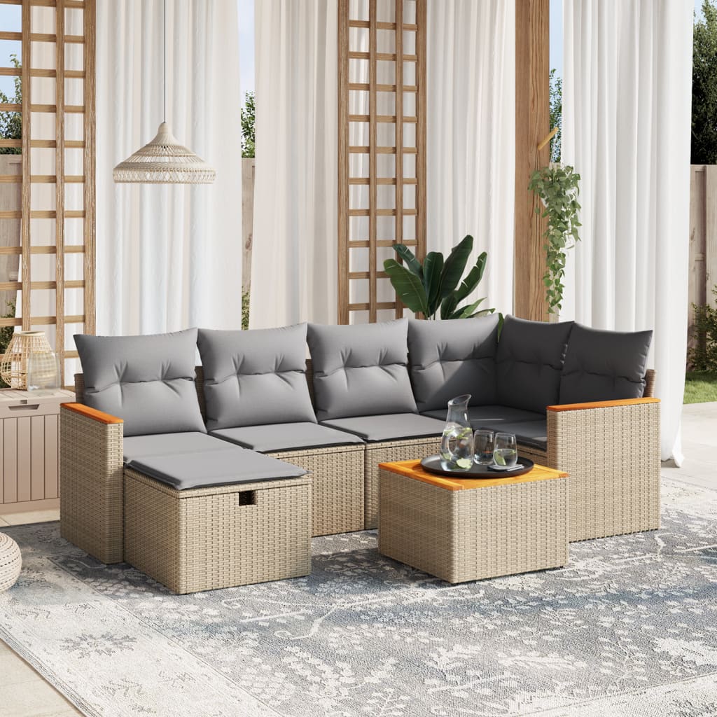 7-tlg. Garten-Sofagarnitur mit Kissen Beige Poly Rattan
