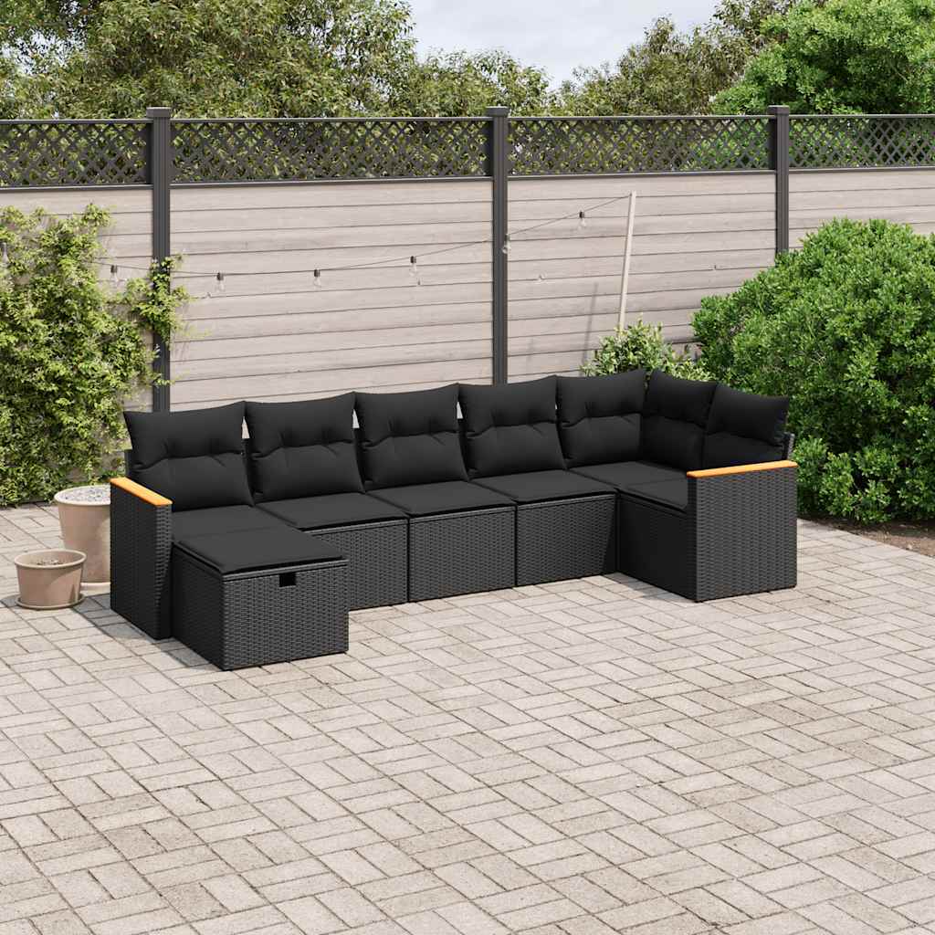 7-tlg. Garten-Sofagarnitur mit Kissen Schwarz Poly Rattan