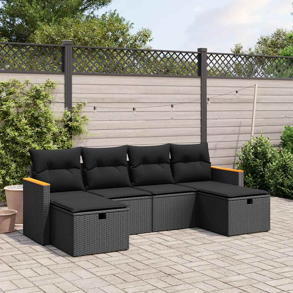 6-tlg. Garten-Sofagarnitur mit Kissen Schwarz Poly Rattan