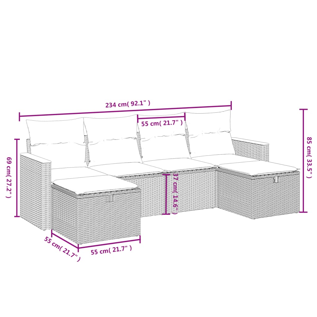 6-tlg. Garten-Sofagarnitur mit Kissen Grau Poly Rattan