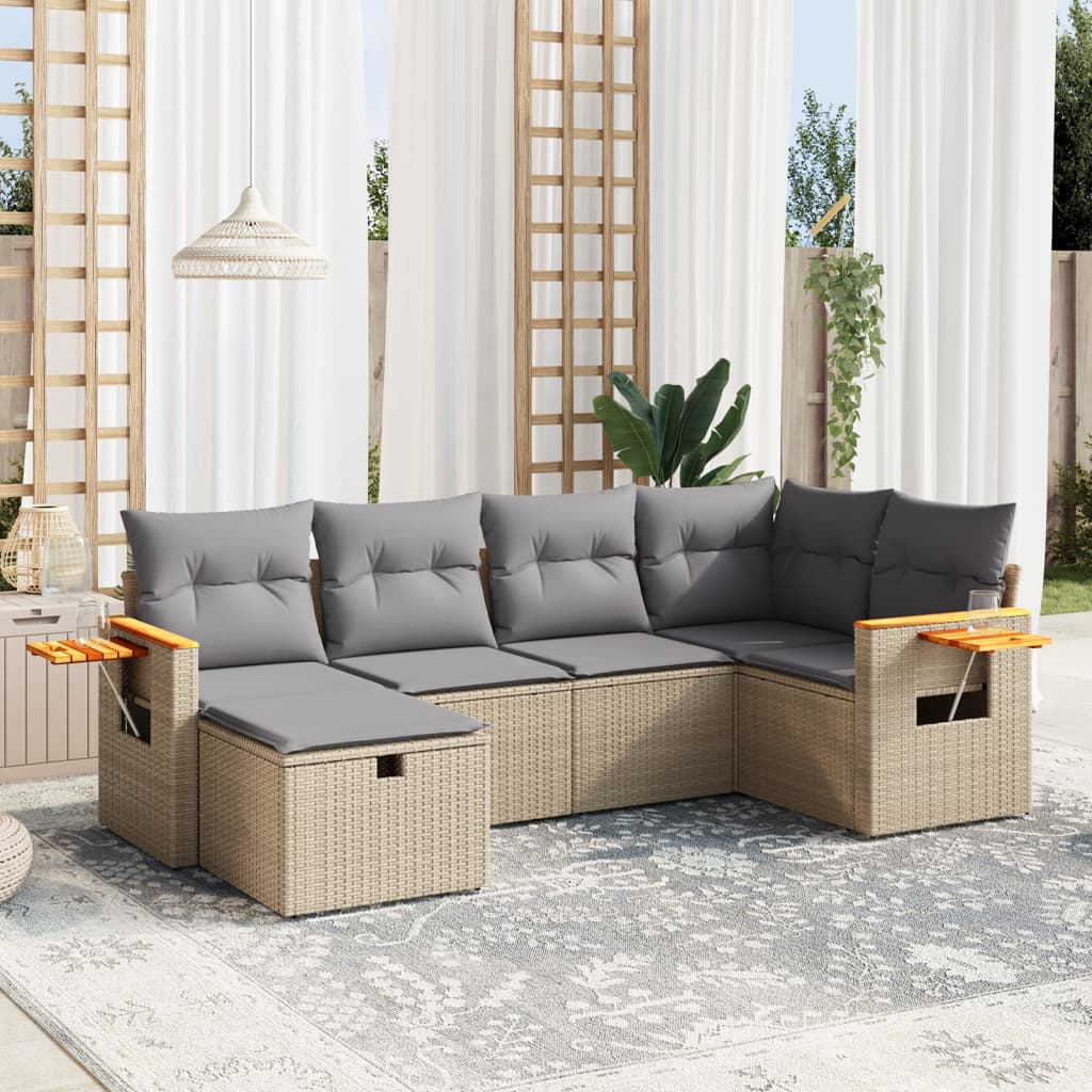 6-tlg. Garten-Sofagarnitur mit Kissen Beige Poly Rattan