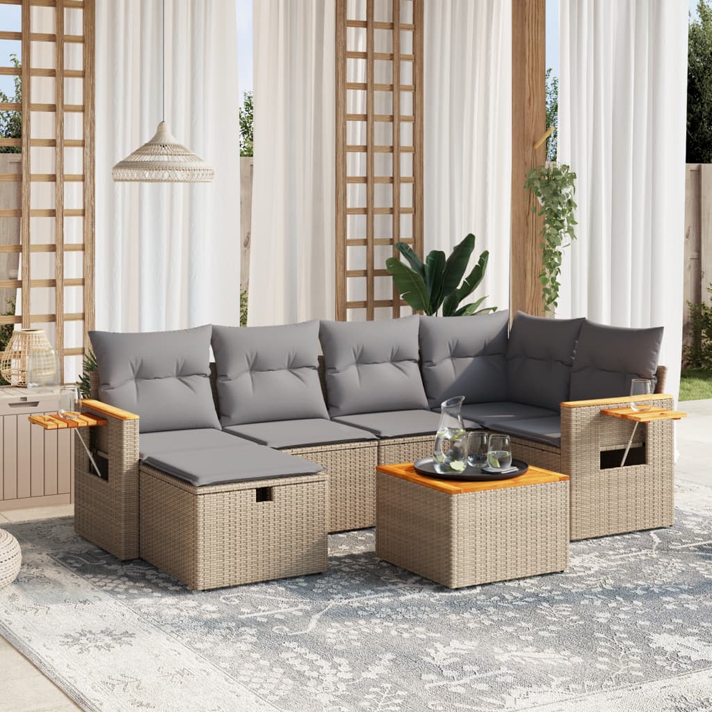7-tlg. Garten-Sofagarnitur mit Kissen Beige Poly Rattan