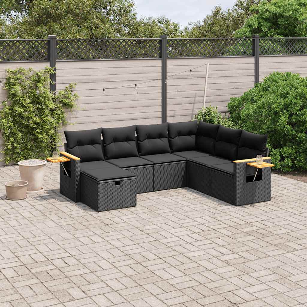 7-tlg. Garten-Sofagarnitur mit Kissen Schwarz Poly Rattan