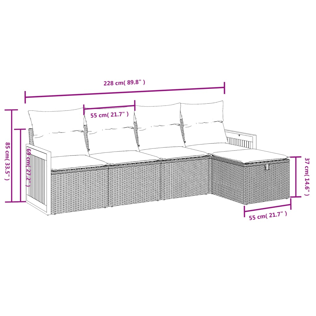 5-tlg. Garten-Sofagarnitur mit Kissen Grau Poly Rattan