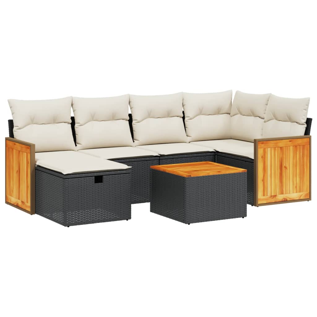 7-tlg. Garten-Sofagarnitur mit Kissen Schwarz Poly Rattan