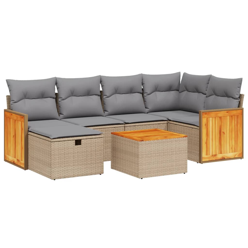 7-tlg. Garten-Sofagarnitur mit Kissen Beige Poly Rattan