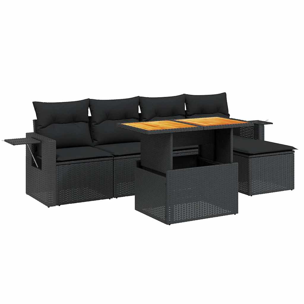 6-tlg. Garten-Sofagarnitur mit Kissen Schwarz Poly Rattan