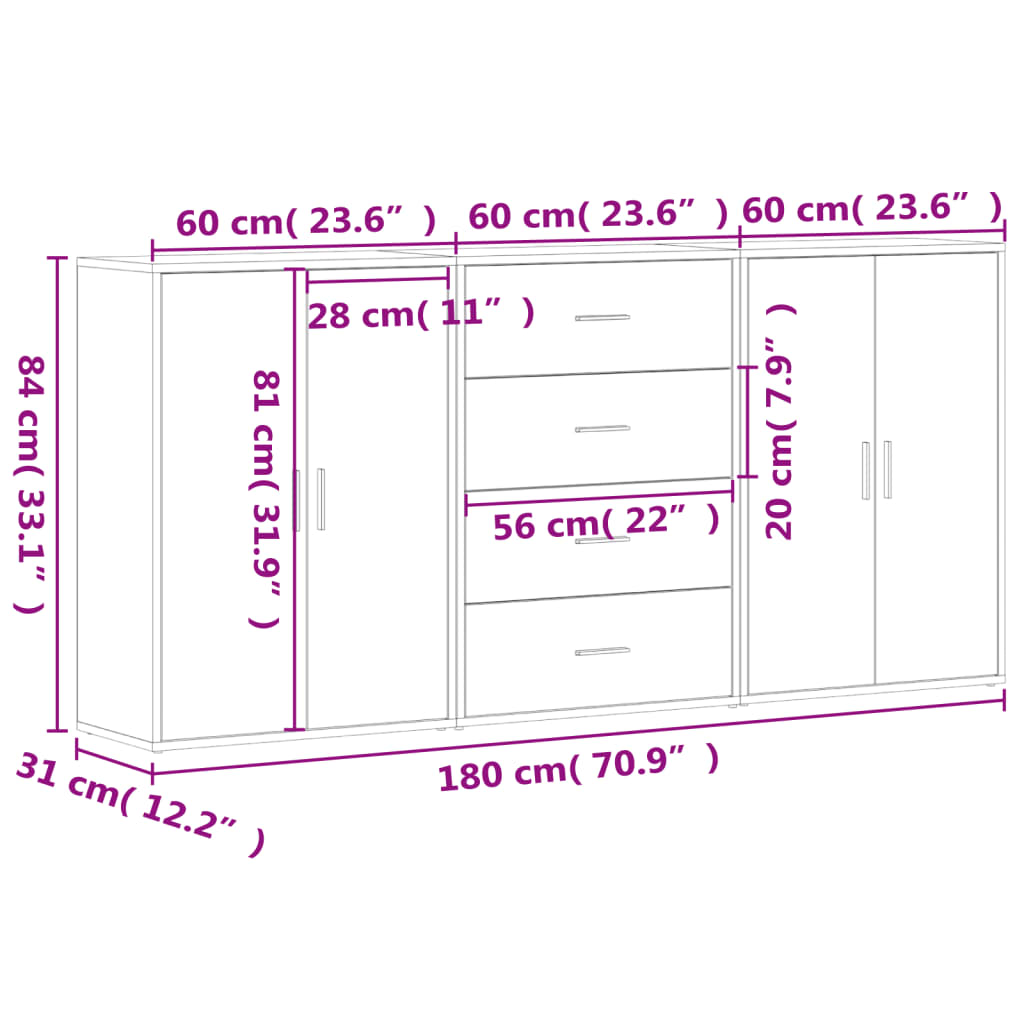 Sideboards 3 Stk. Grau Sonoma 60x31x84 cm Holzwerkstoff