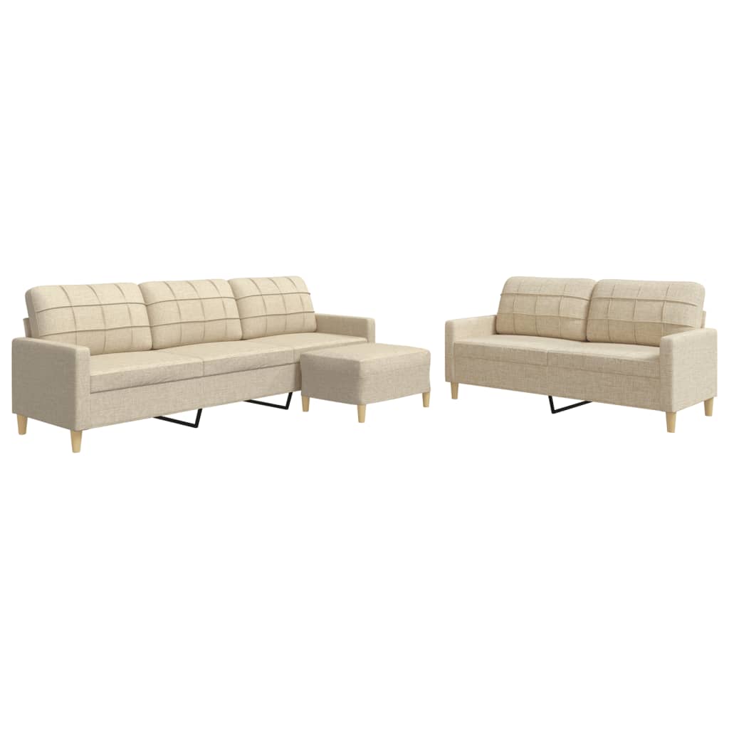 3-tlg. Sofagarnitur mit Fußhocker Creme Stoff