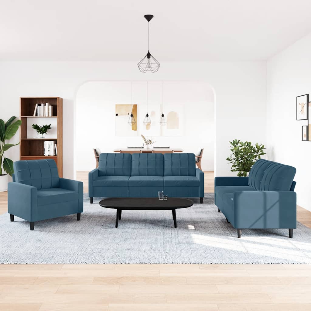 3-tlg. Sofagarnitur mit Kissen Blau Samt