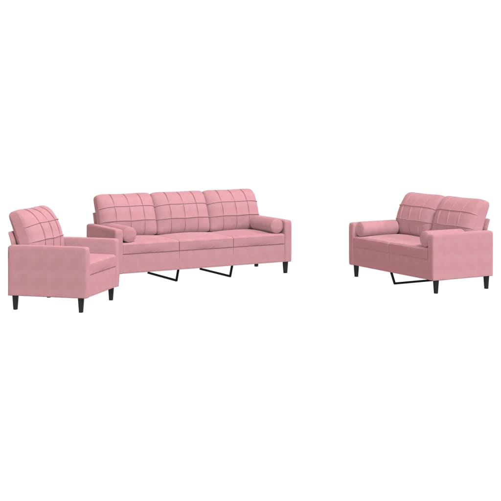 3-tlg. Sofagarnitur mit Kissen und Nackenrollen Rosa Samt