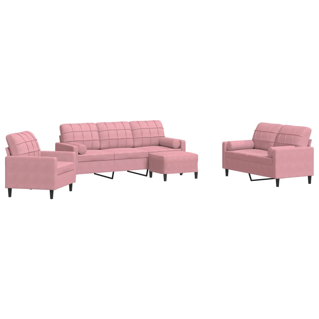 4-tlg. Sofagarnitur mit Kissen und Nackenrollen Rosa Samt