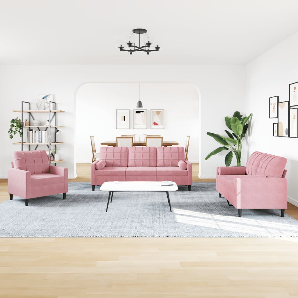 4-tlg. Sofagarnitur mit Kissen und Nackenrollen Rosa Samt