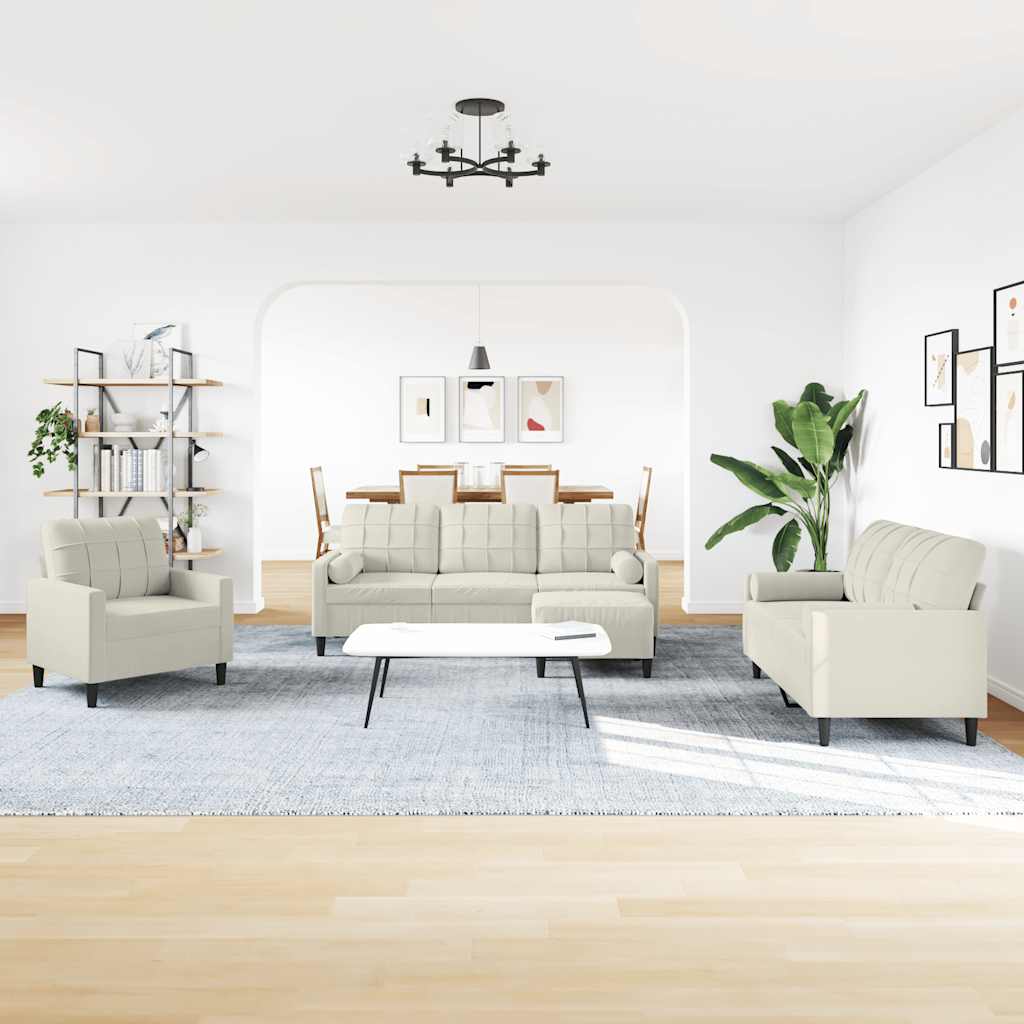 4-tlg. Sofagarnitur mit Kissen und Nackenrollen Creme Samt