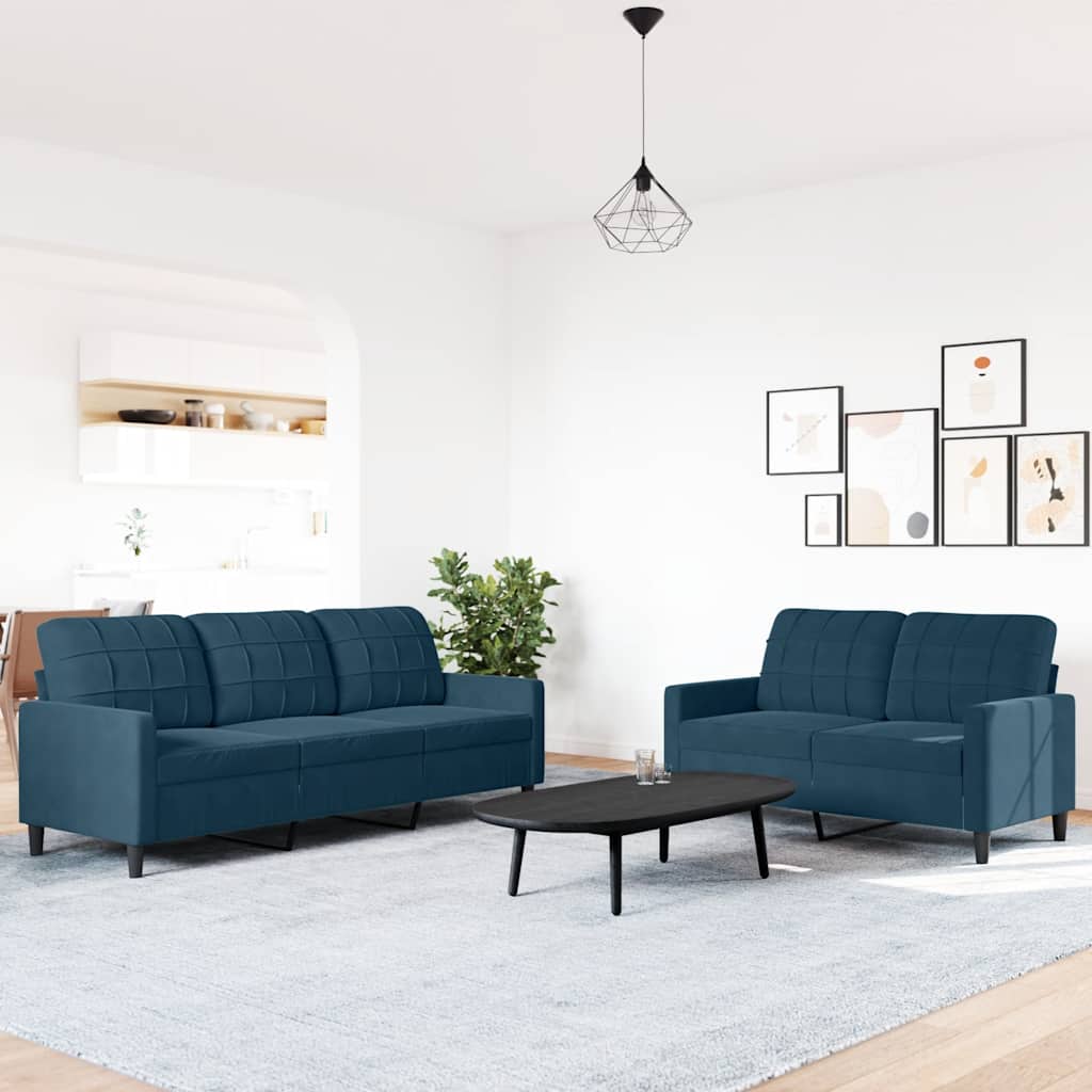 2-tlg. Sofagarnitur mit Kissen Blau Samt