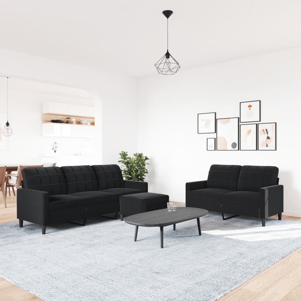 3-tlg. Sofagarnitur mit Kissen Schwarz Samt