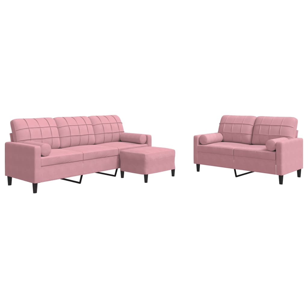 3-tlg. Sofagarnitur mit Kissen und Nackenrollen Rosa Samt
