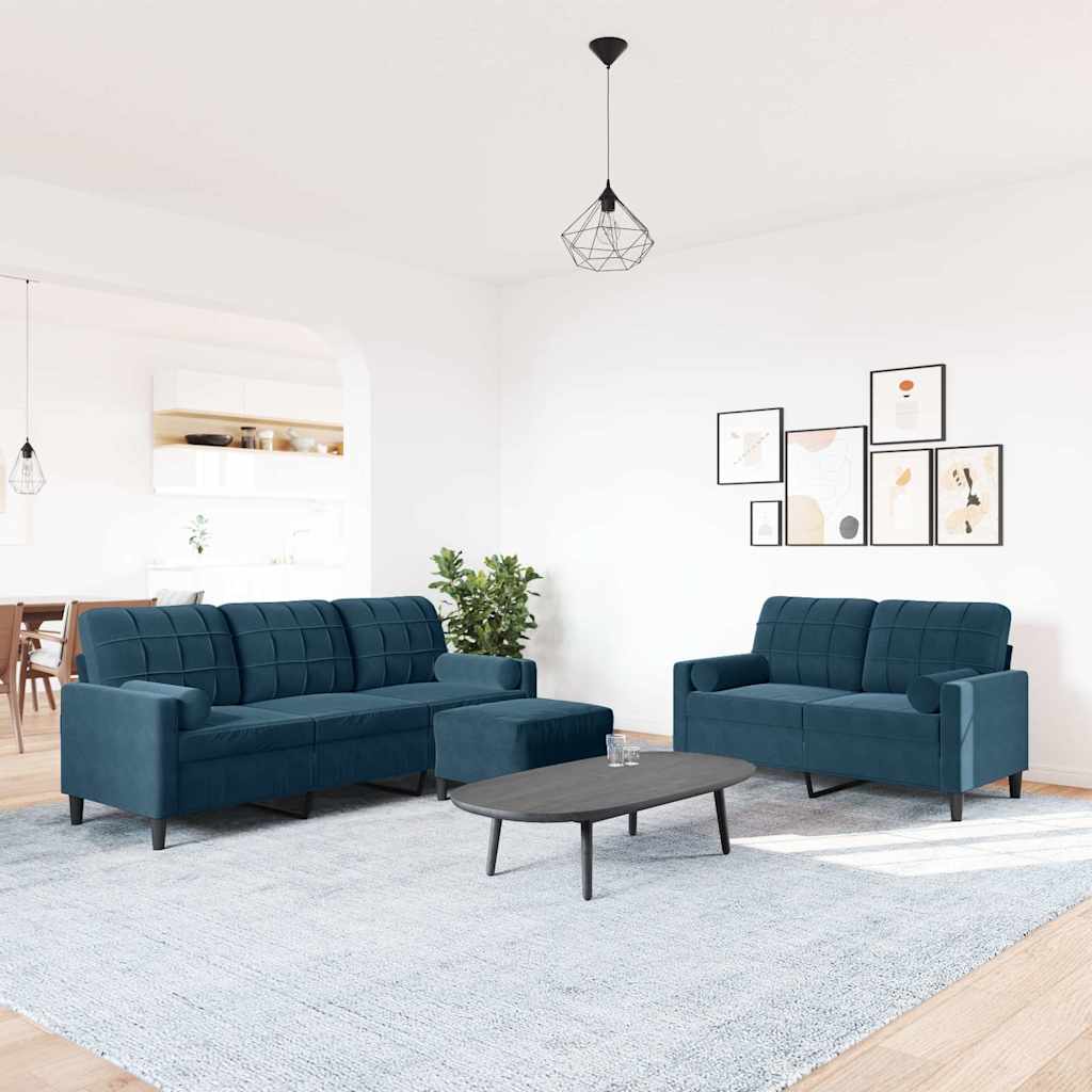 3-tlg. Sofagarnitur mit Kissen und Nackenrollen Blau Samt