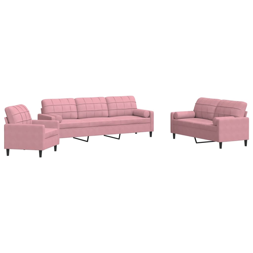 3-tlg. Sofagarnitur mit Kissen und Nackenrollen Rosa Samt