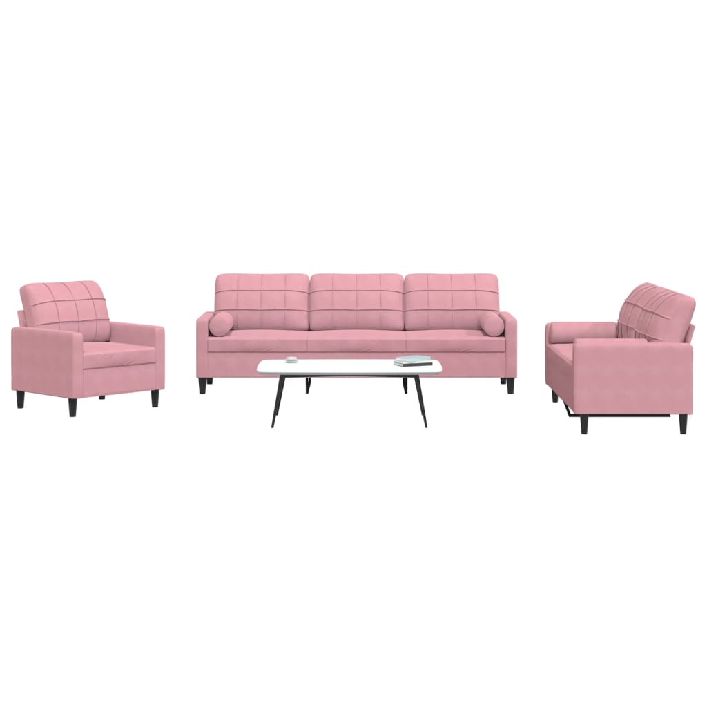3-tlg. Sofagarnitur mit Kissen und Nackenrollen Rosa Samt