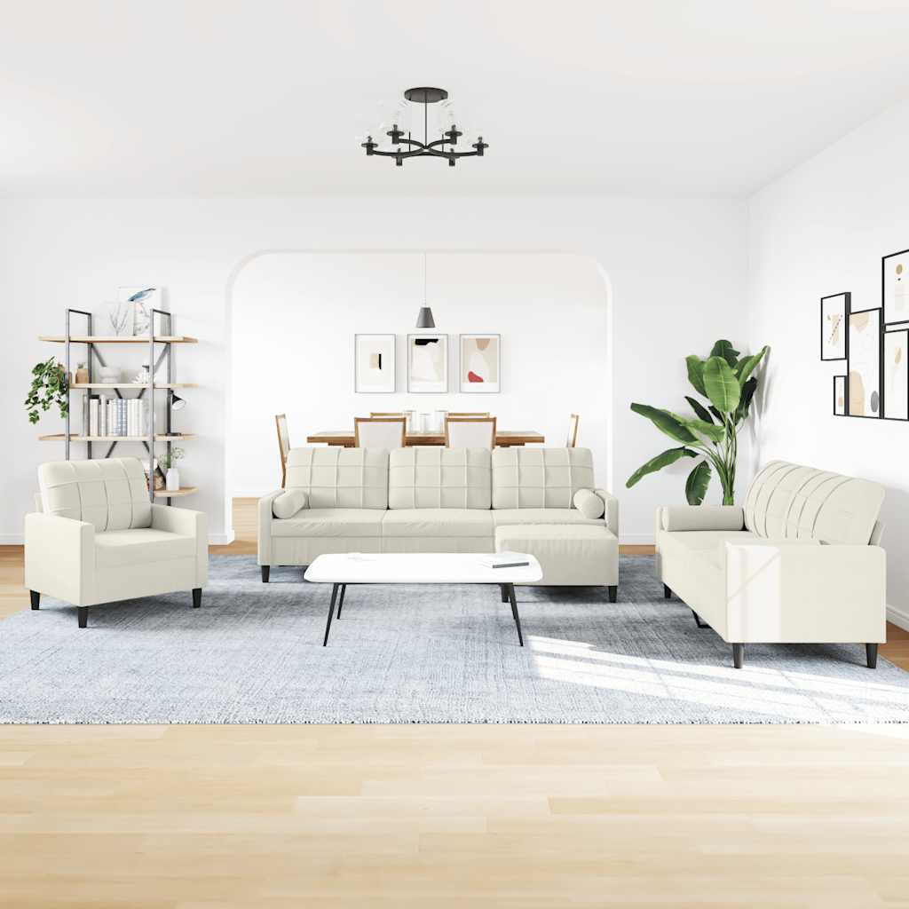 4-tlg. Sofagarnitur mit Kissen und Nackenrollen Creme Samt