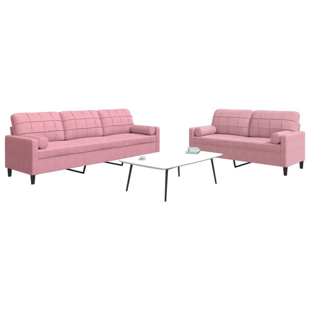 2-tlg. Sofagarnitur mit Kissen und Nackenrollen Rosa Samt