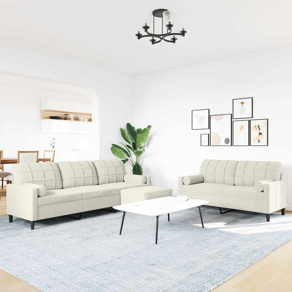 3-tlg. Sofagarnitur mit Kissen und Nackenrollen Creme Samt
