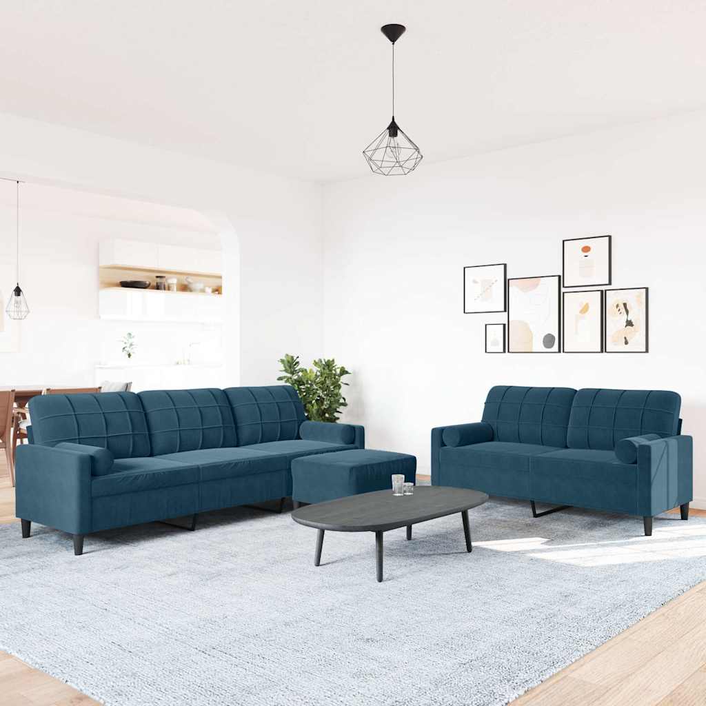 3-tlg. Sofagarnitur mit Kissen und Nackenrollen Blau Samt