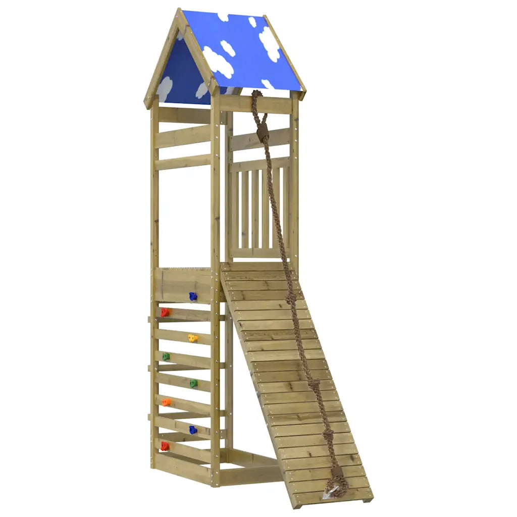 Spielturm aus Kiefernholz mit Kletterrampe, Sandkasten und blauem Wolkendach