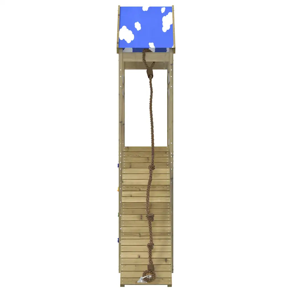 Seitenansicht des Spielturms aus Kiefernholz mit blauem Dach und erhöhter Plattform