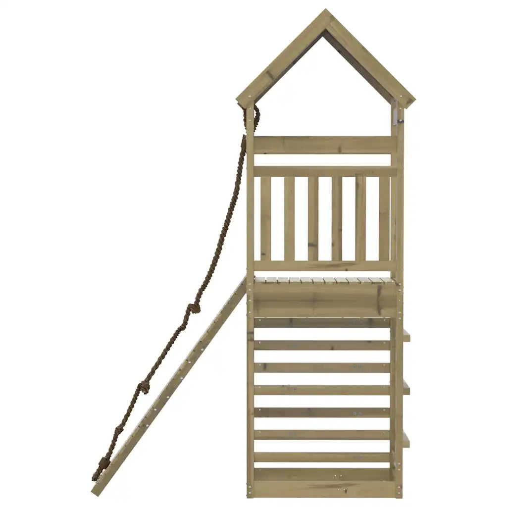 Maßzeichnung des Spielturms mit 118 cm hoher Plattform und seitlicher Kletterrampe