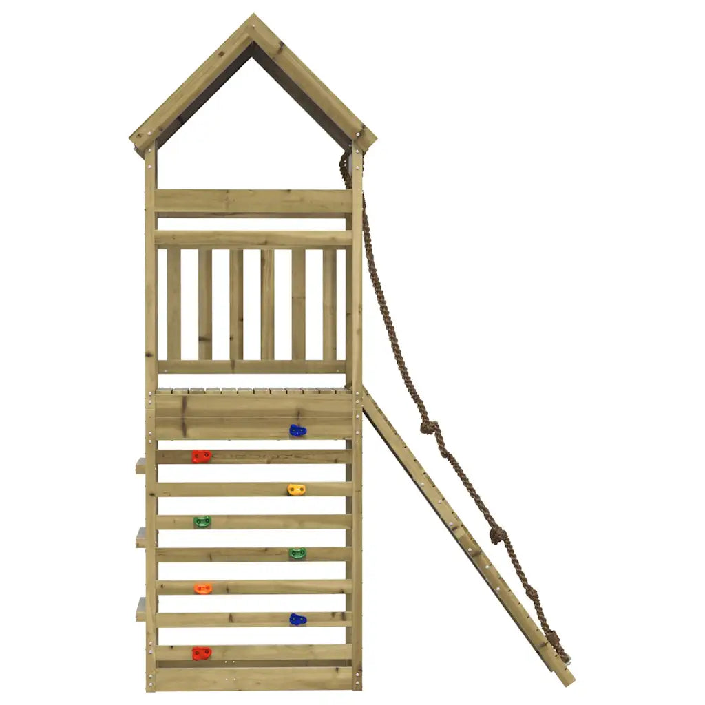 Maßzeichnung des Spielturms aus der Gegenansicht mit Kletterwand und Kletterrampe