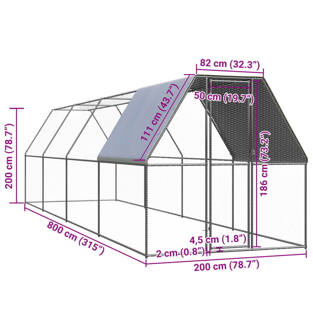 Hühnerkäfig 2x8x2 m Verzinkter Stahl
