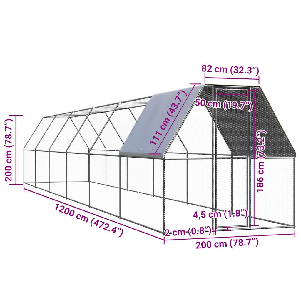 Hühnerkäfig 2x12x2 m Verzinkter Stahl
