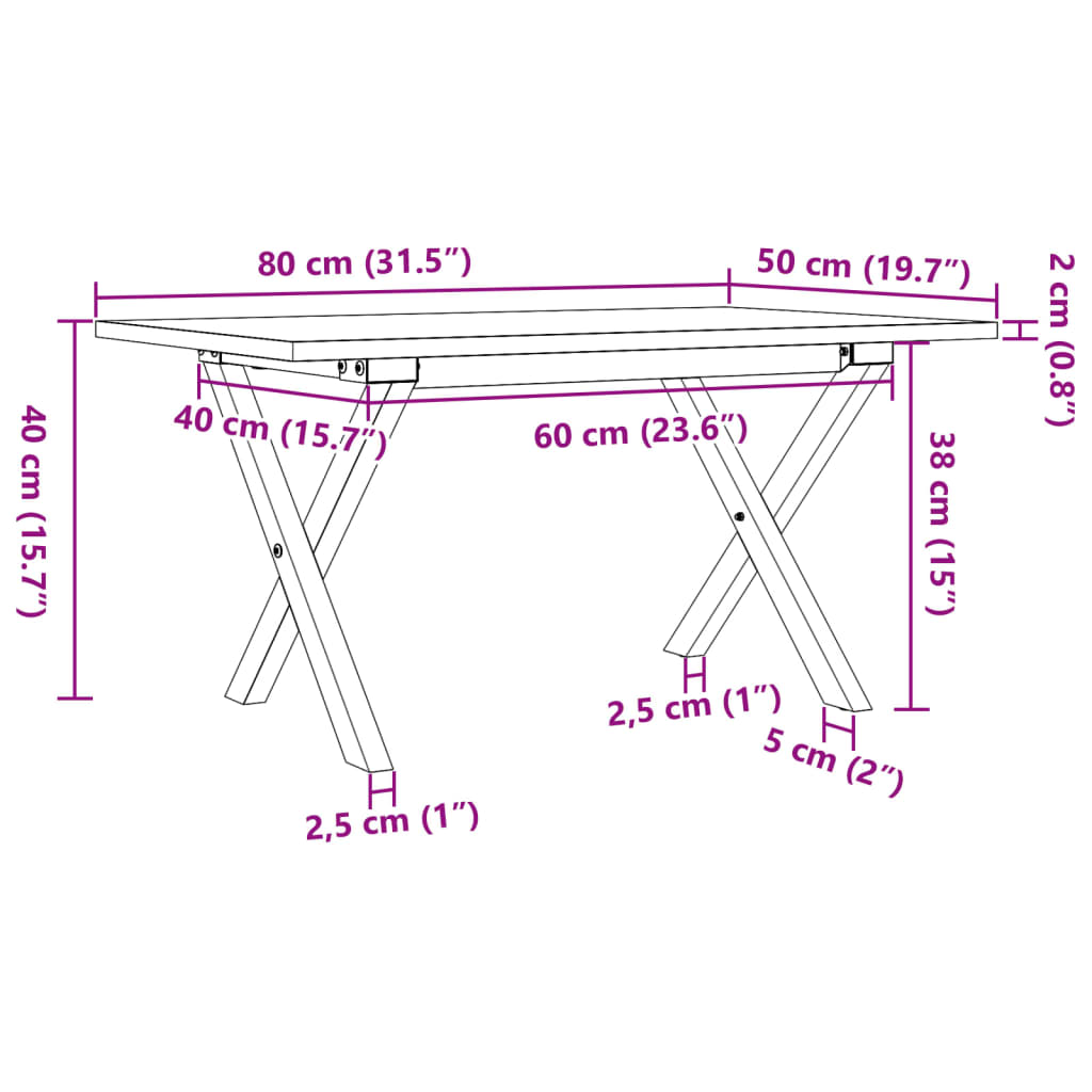 Couchtisch X-Gestell 80x50x40cm Massivholz Kiefer und Stahl