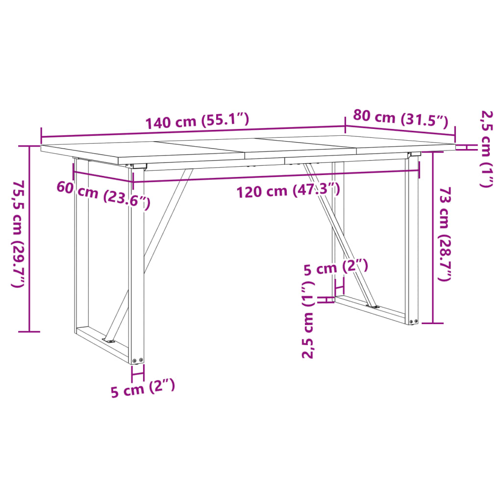 Esstisch O-Gestell 140x80x75,5 cm Massivholz Kiefer & Stahl