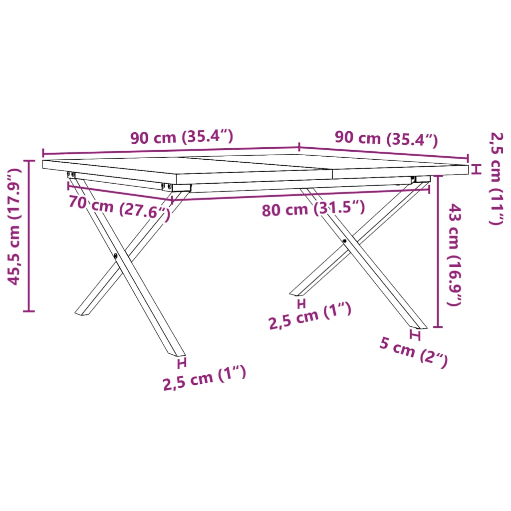 Couchtisch X-Gestell 90x90x45,5cm Massivholz Kiefer & Stahl