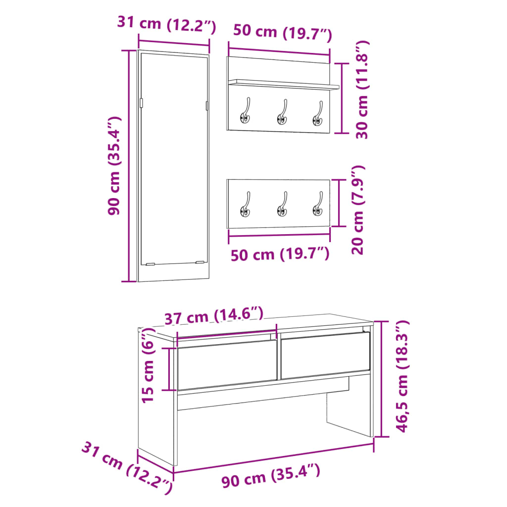 4-tlg. Garderoben-Set Braun Eichen-Optik Holzwerkstoff