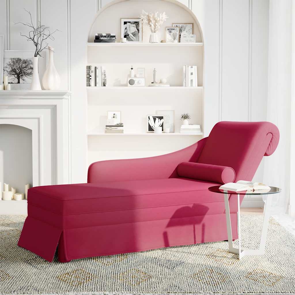 Chaiselongue mit Nackenrolle und Rechter Armlehne Weinrot Samt