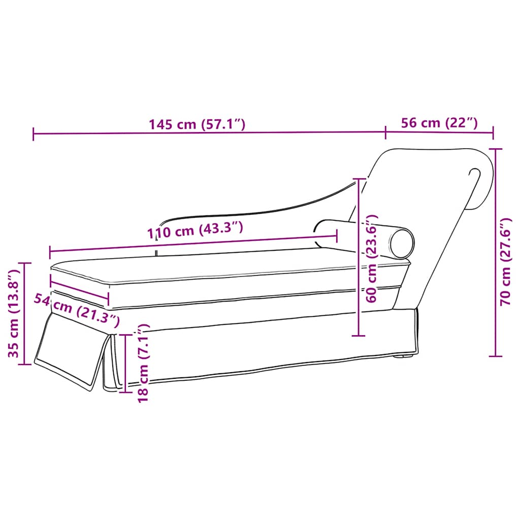 Chaiselongue mit Nackenrolle und Rechter Armlehne Creme Samt