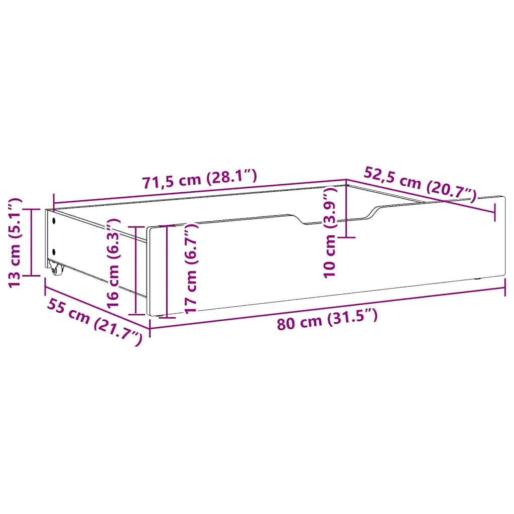 Bettschubladen mit Rollen 2 Stk. 80x55x17 cm Massivholz Kiefer