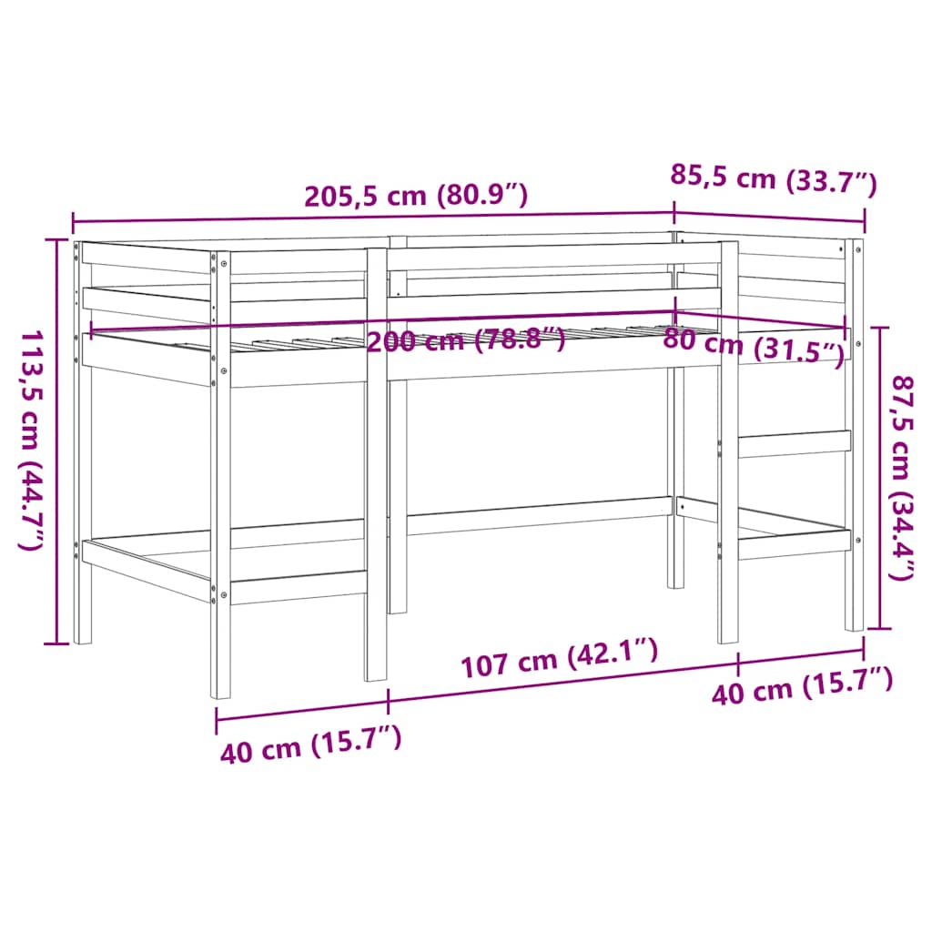 Kinderhochbett mit Leiter Wachsbraun 80x200cm Massivholz Kiefer