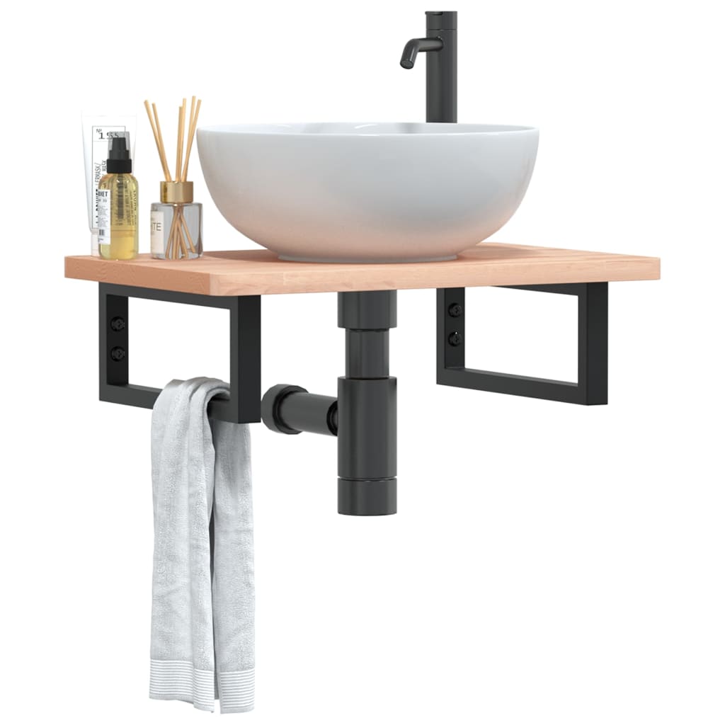 Waschbeckenregal Wandmontage Stahl und Massivholz Buche