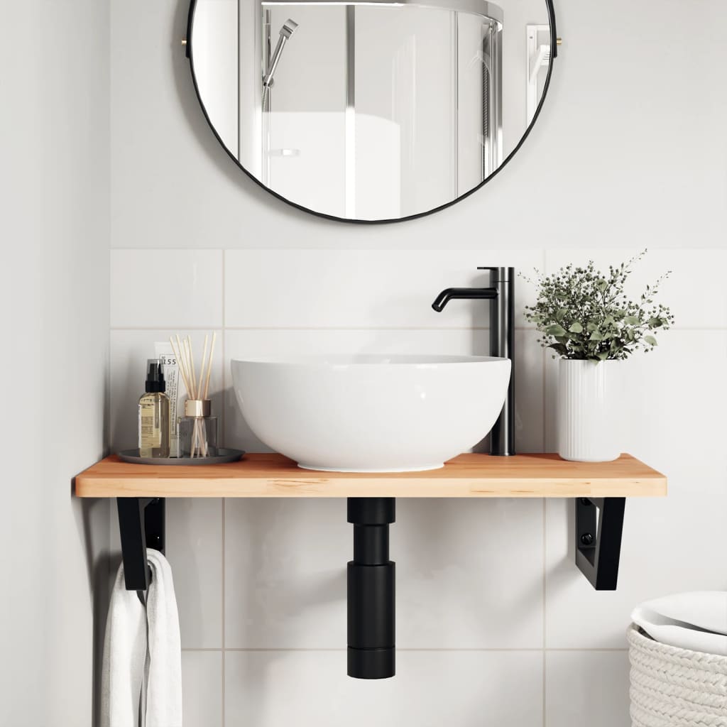 Waschbeckenregal Wandmontage Stahl und Massivholz Buche