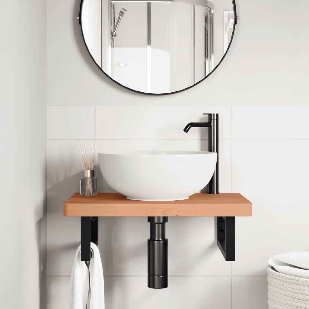 Waschbeckenregal Wandmontage Stahl und Massivholz Buche
