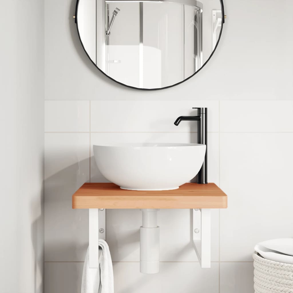 Waschbeckenregal Wandmontage Stahl und Massivholz Buche