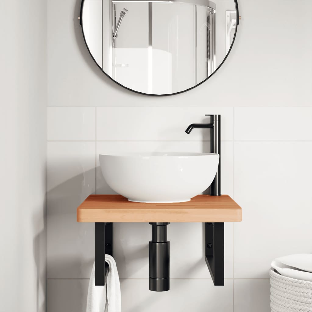 Waschbeckenregal Wandmontage Stahl und Massivholz Buche
